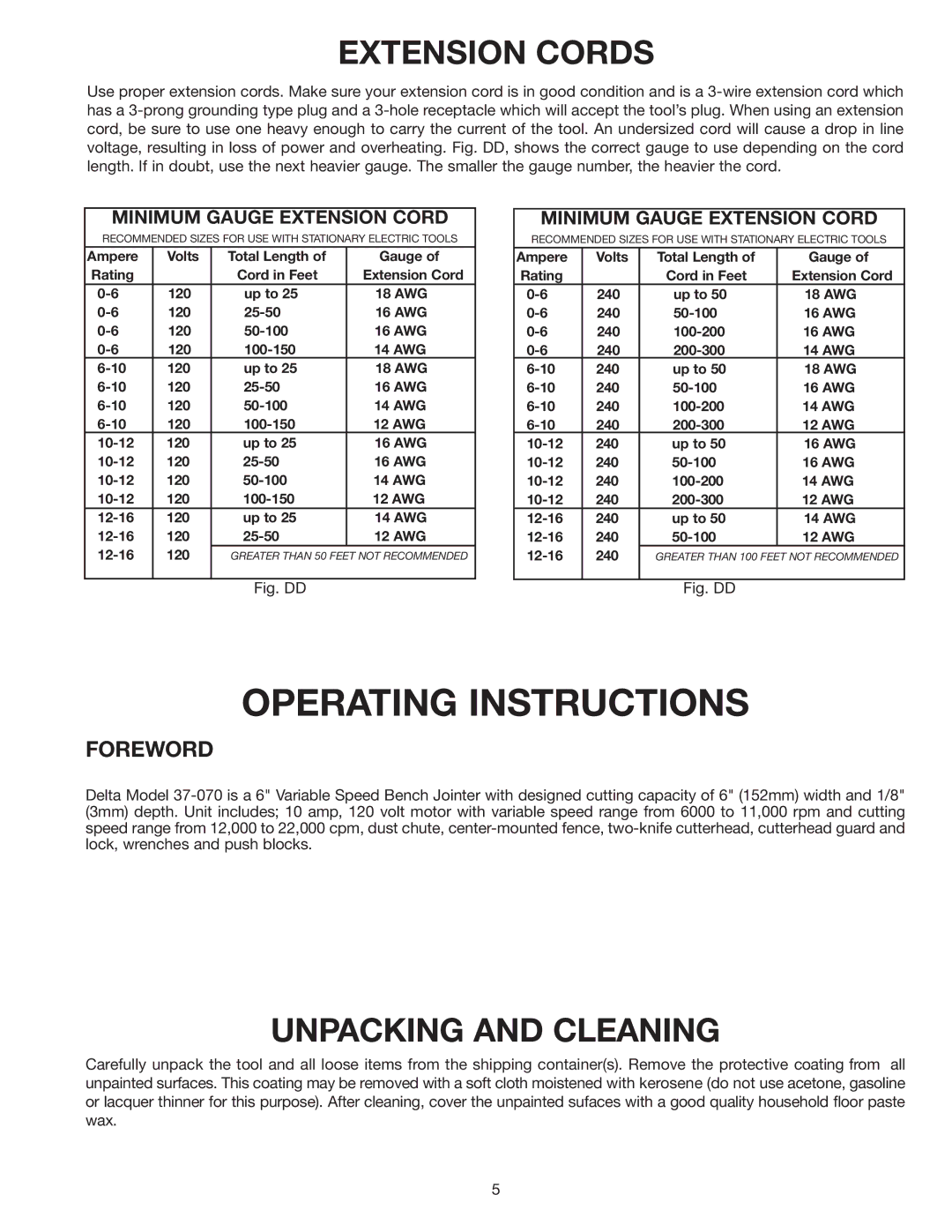 Delta 37-070 instruction manual Extension Cords, Unpacking and Cleaning 