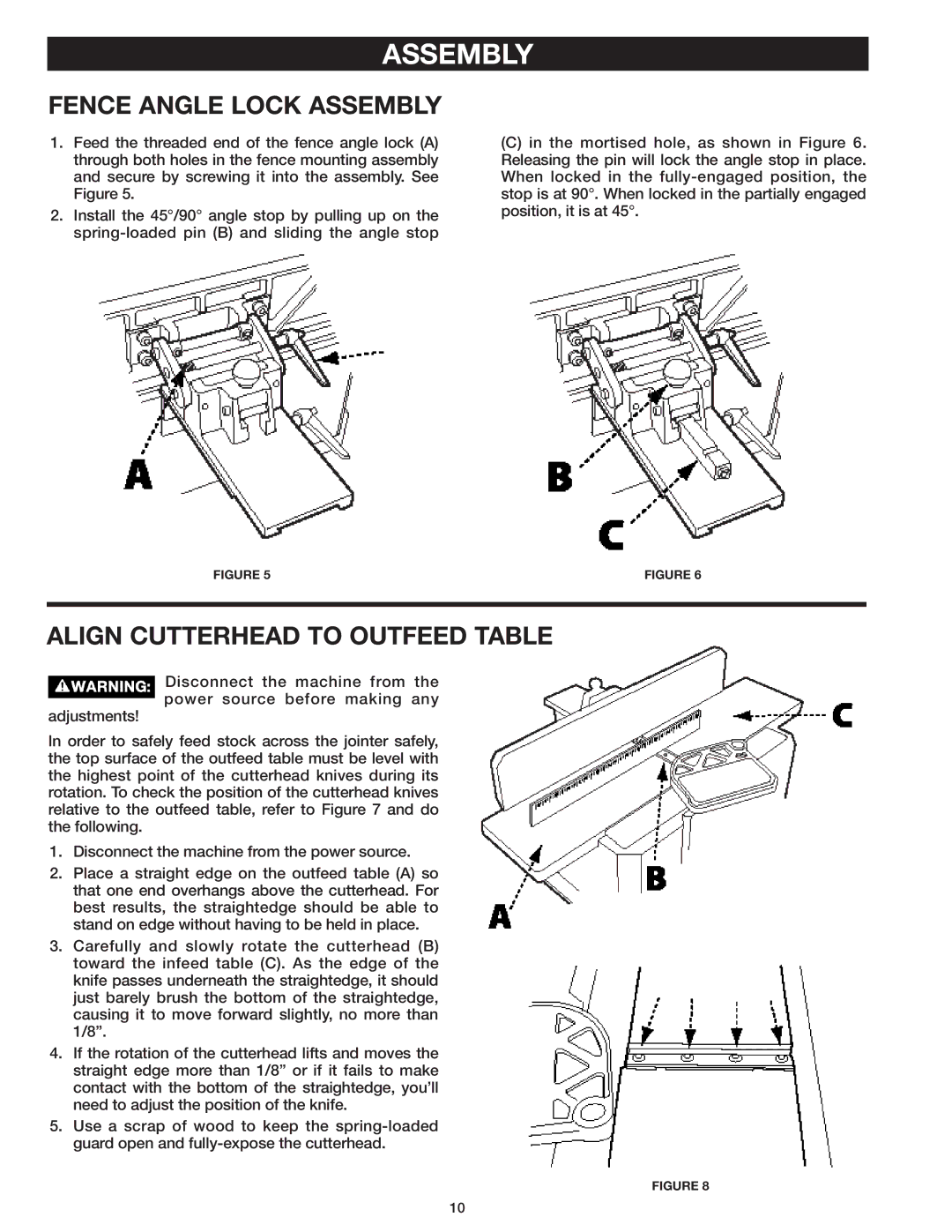 Delta 37-071 instruction manual Fence Angle Lock Assembly, Align Cutterhead to Outfeed Table 