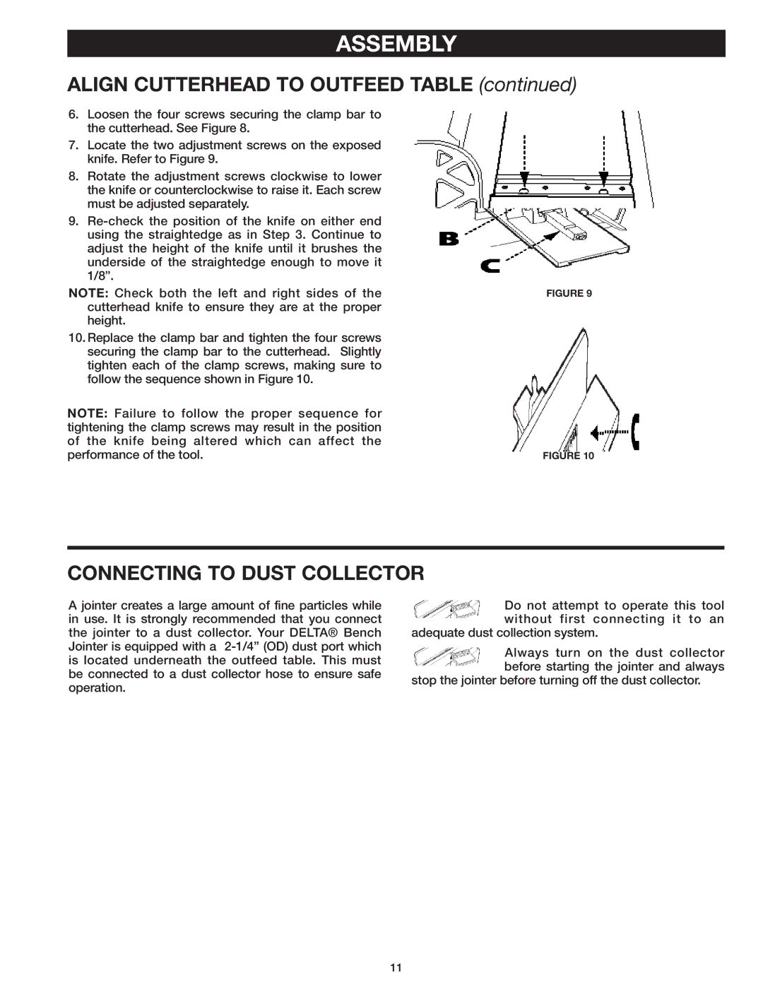 Delta 37-071 instruction manual Align Cutterhead to Outfeed Table, Connecting to Dust Collector 