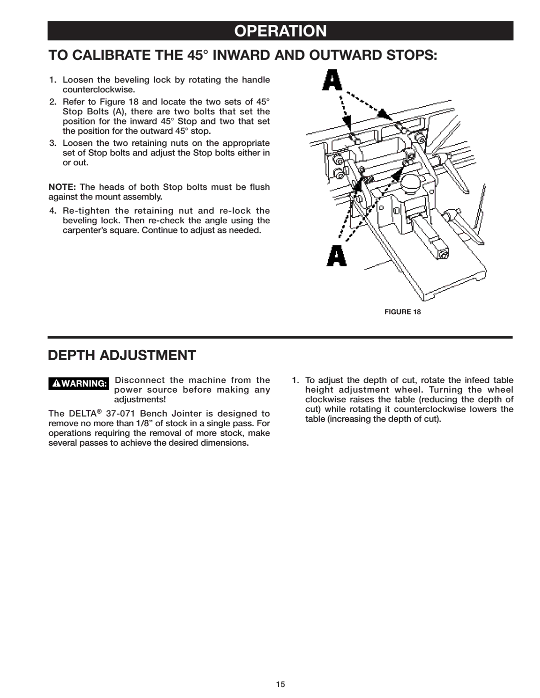 Delta 37-071 instruction manual To Calibrate the 45 Inward and Outward Stops, Depth Adjustment 