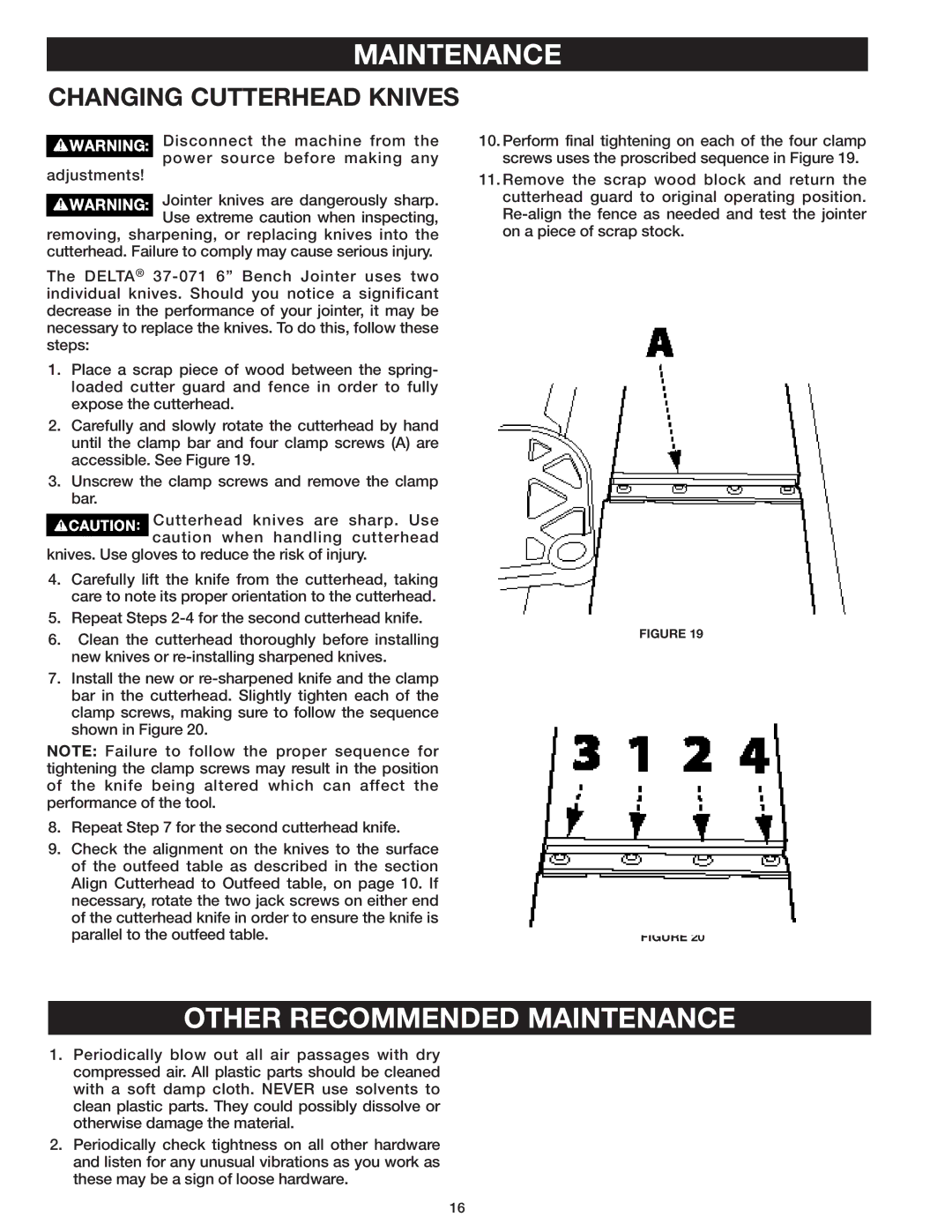 Delta 37-071 instruction manual Other Recommended Maintenance, Changing Cutterhead Knives 