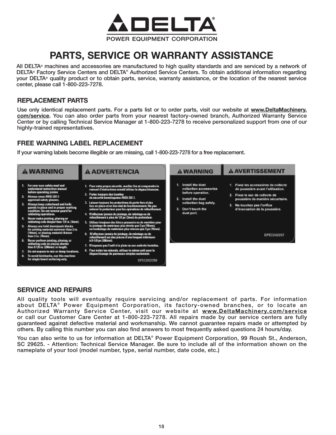 Delta 37-071 instruction manual Replacement Parts Free Warning Label Replacement, Service and Repairs 