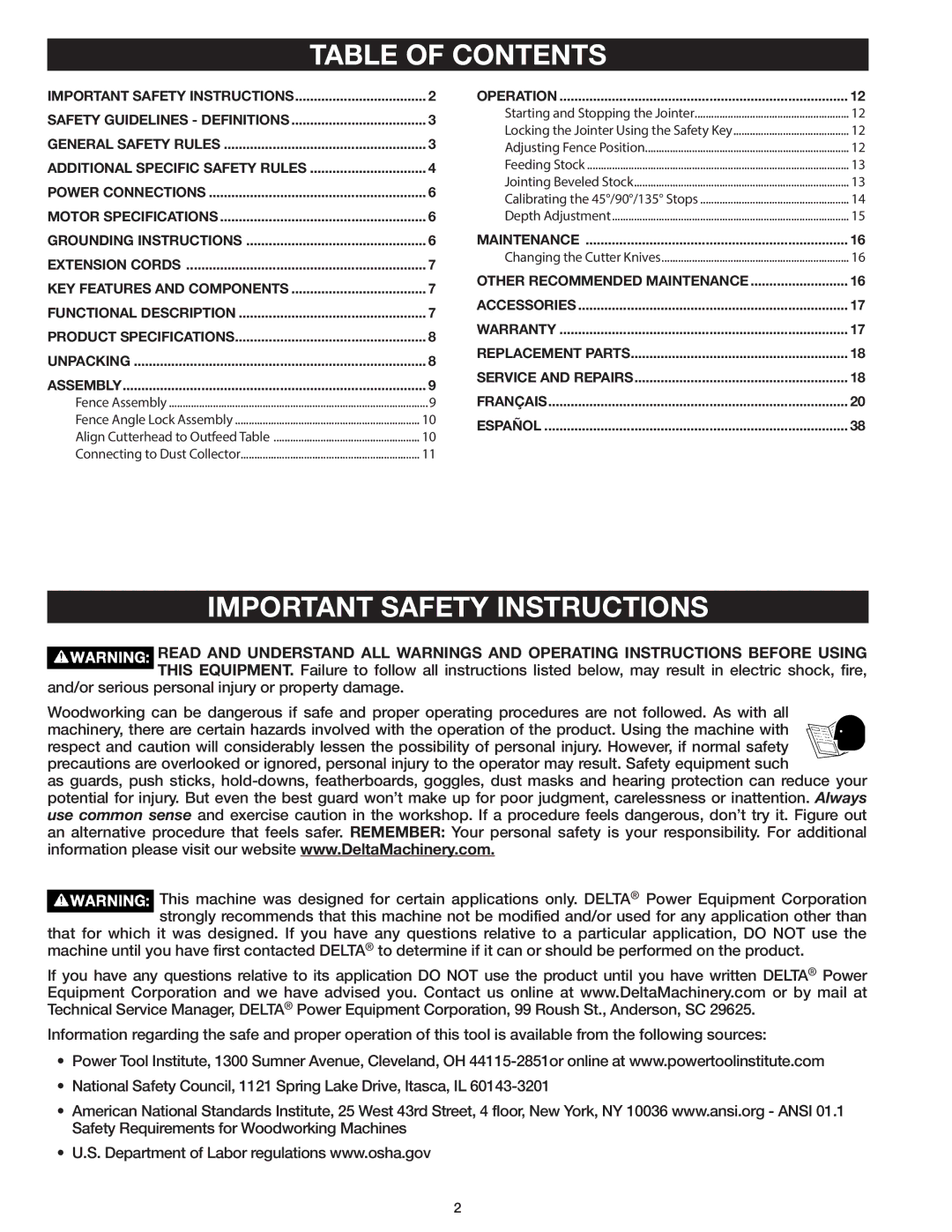 Delta 37-071 instruction manual Table of Contents, Important Safety Instructions 