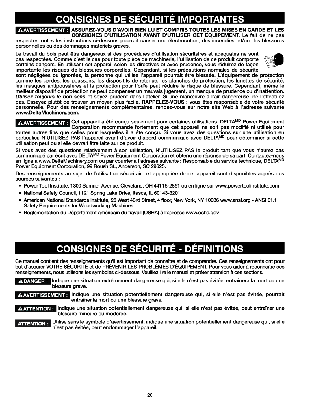 Delta 37-071 instruction manual Consignes DE Sécurité Importantes, Consignes DE Sécurité Définitions 