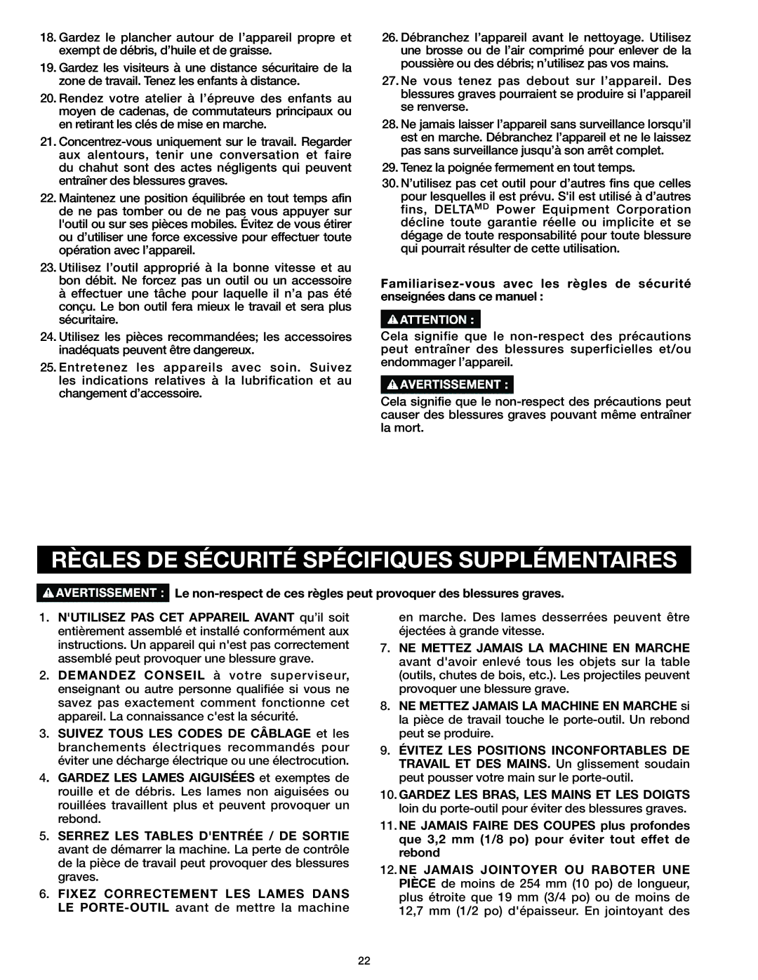 Delta 37-071 instruction manual Règles DE Sécurité Spécifiques Supplémentaires 