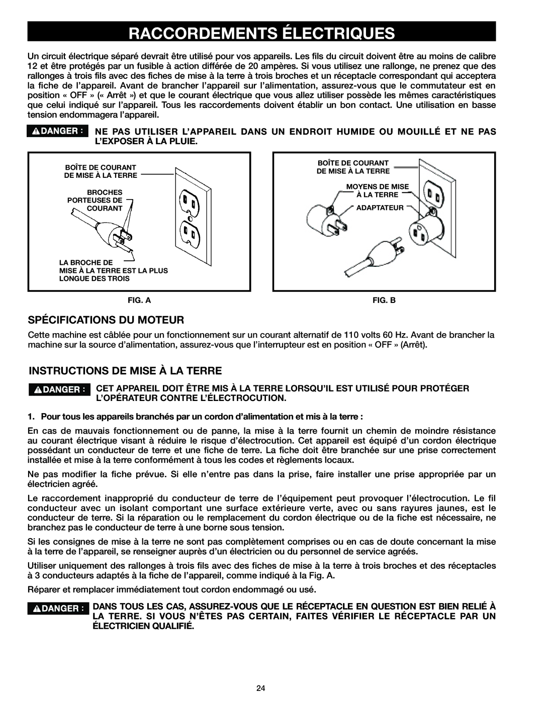 Delta 37-071 instruction manual Raccordements Électriques, Spécifications DU Moteur, Instructions DE Mise À LA Terre 