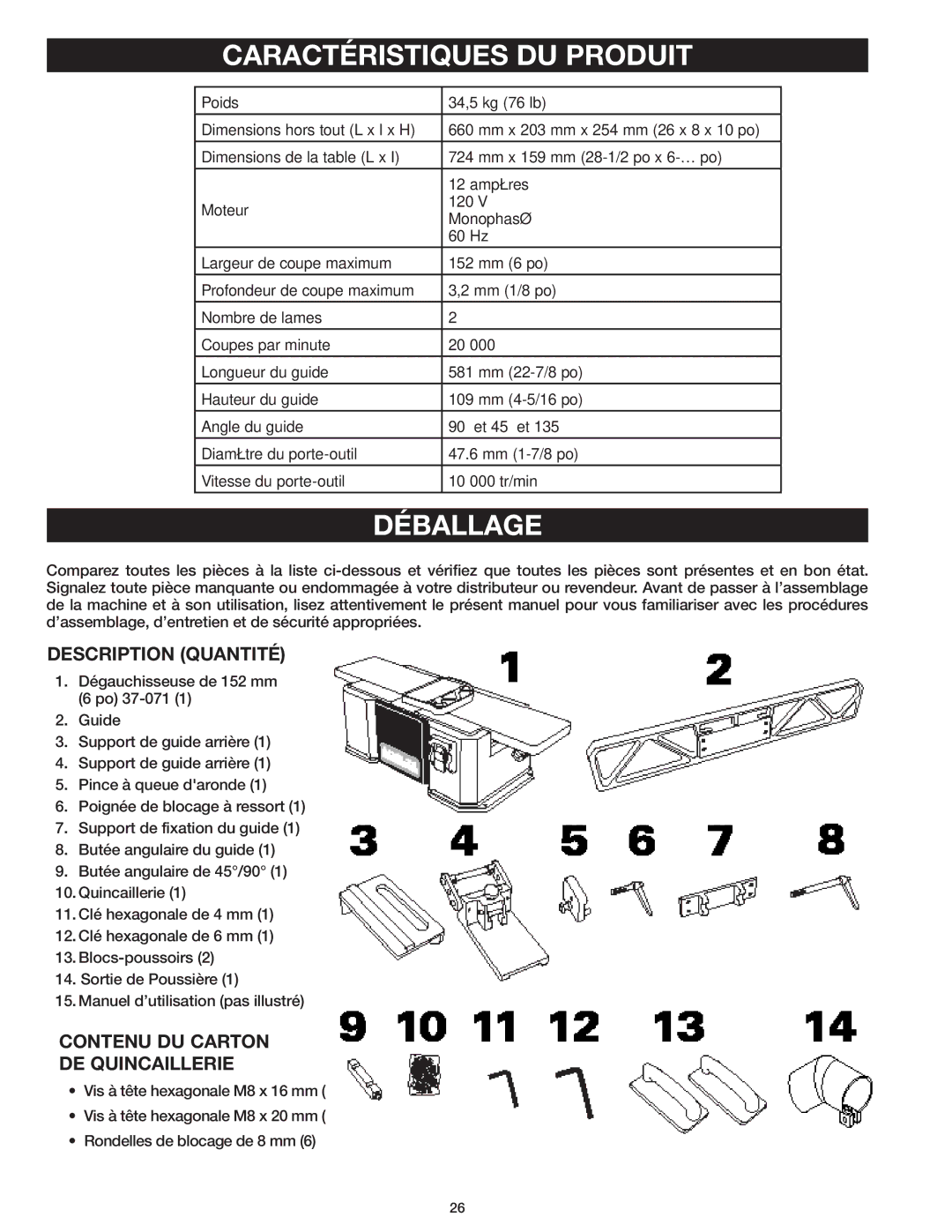 Delta 37-071 Caractéristiques DU Produit, Déballage, Description Quantité, Contenu DU Carton DE Quincaillerie 