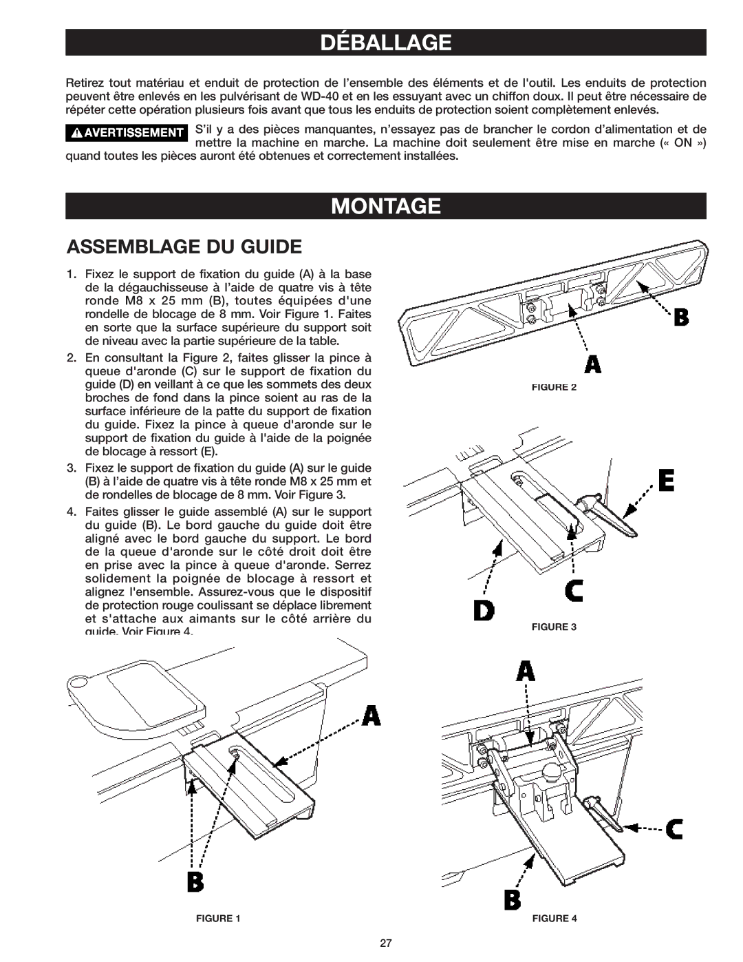 Delta 37-071 instruction manual Montage, Assemblage DU Guide 