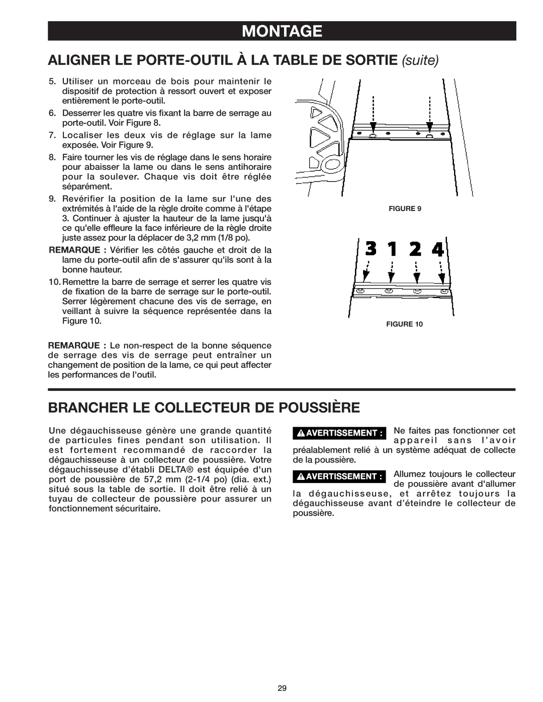 Delta 37-071 instruction manual Aligner LE PORTE-OUTIL À LA Table DE Sortie suite, Brancher LE Collecteur DE Poussière 