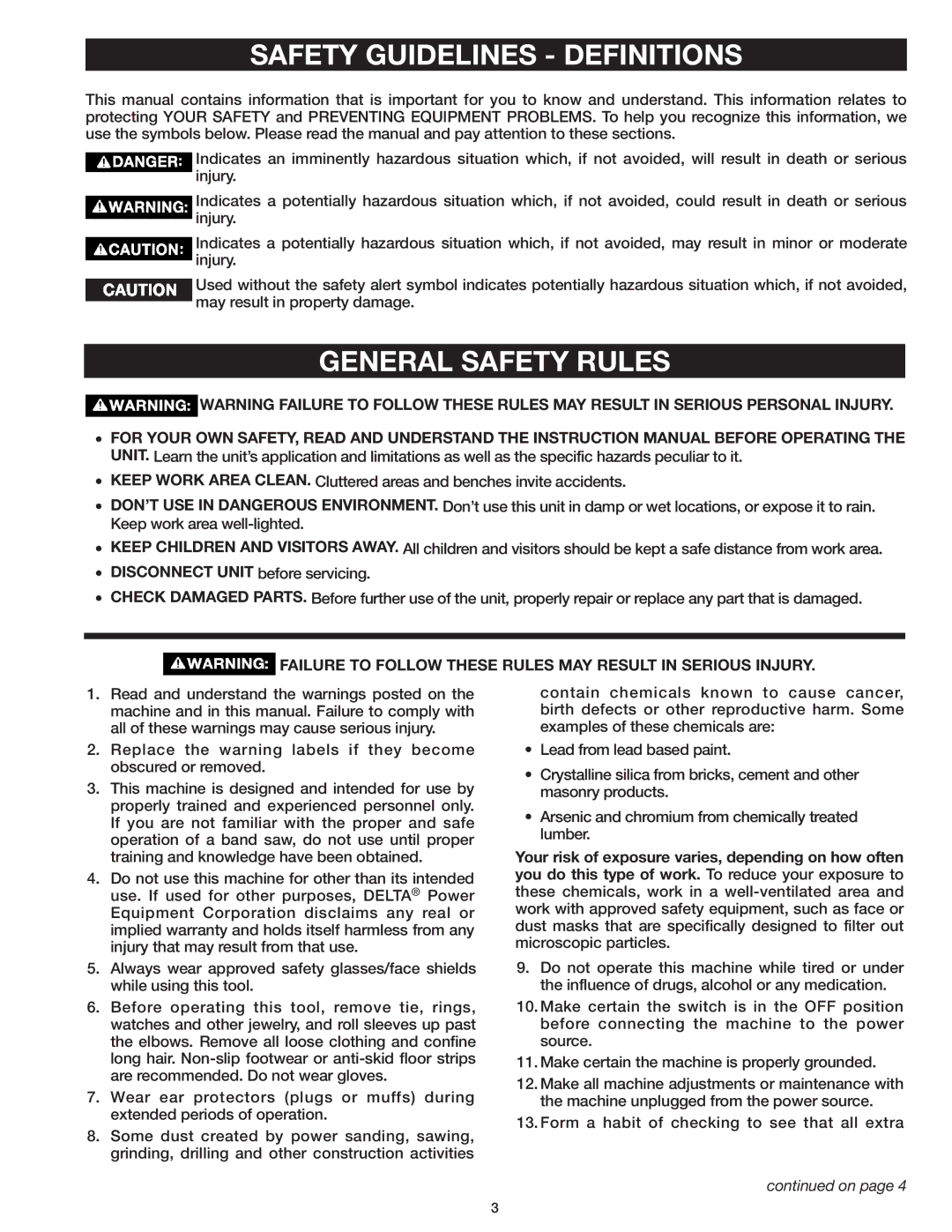 Delta 37-071 instruction manual Safety Guidelines Definitions, General Safety Rules 