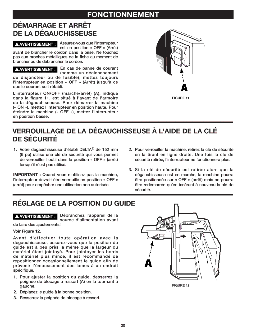 Delta 37-071 instruction manual Fonctionnement, Démarrage ET Arrêt DE LA Dégauchisseuse, Réglage DE LA Position DU Guide 