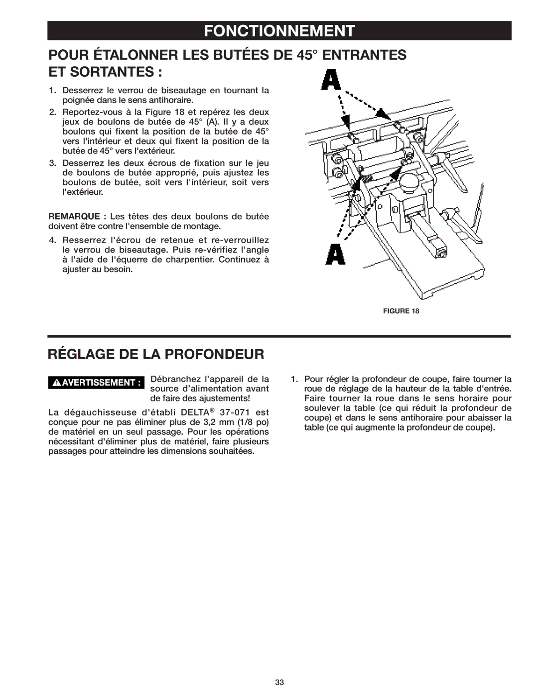 Delta 37-071 instruction manual Pour Étalonner LES Butées DE 45 Entrantes ET Sortantes, Réglage DE LA Profondeur 