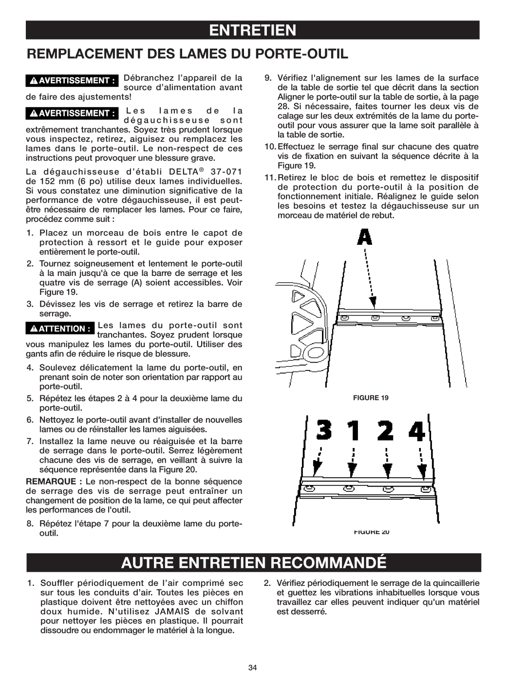 Delta 37-071 instruction manual Autre Entretien Recommandé, Remplacement DES Lames DU PORTE-OUTIL 