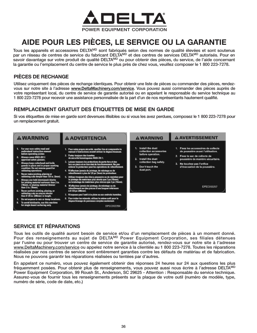 Delta 37-071 instruction manual Aide Pour LES PIÈCES, LE Service OU LA Garantie, Service ET Réparations 