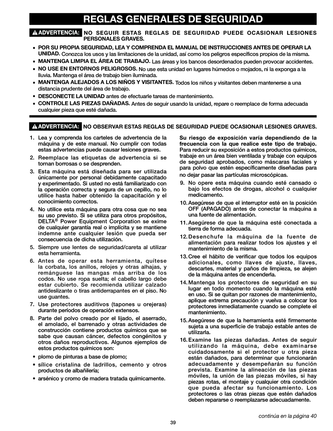 Delta 37-071 instruction manual Reglas Generales DE Seguridad, Continúa en la página 