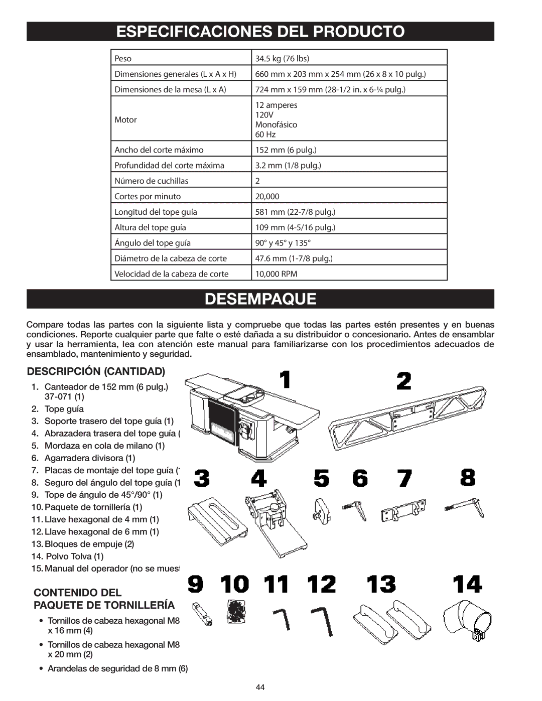 Delta 37-071 Especificaciones DEL Producto, Desempaque, Descripción Cantidad, Contenido DEL Paquete DE Tornillería 