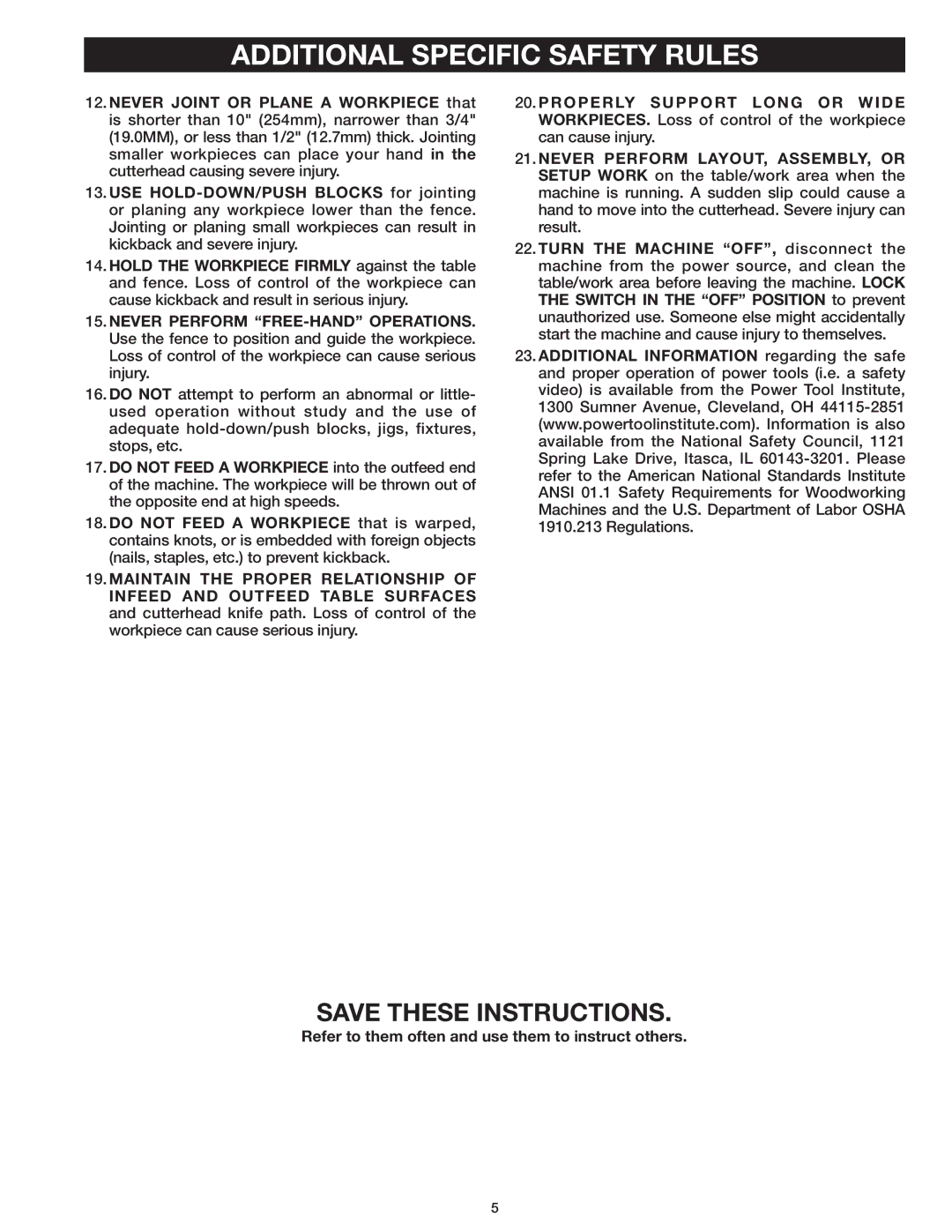 Delta 37-071 instruction manual Additional Specific Safety Rules 