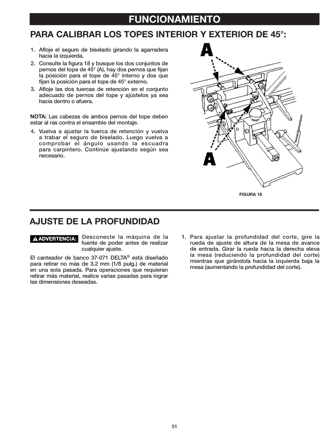 Delta 37-071 instruction manual Para Calibrar LOS Topes Interior Y Exterior DE, Ajuste DE LA Profundidad 