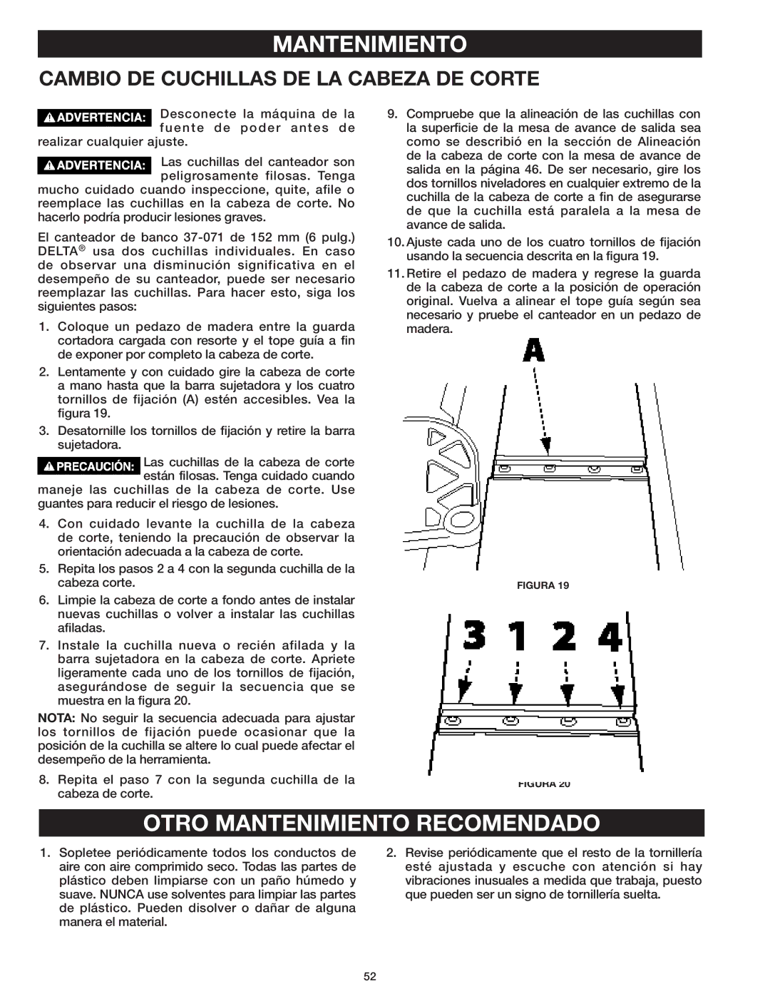 Delta 37-071 instruction manual Otro Mantenimiento Recomendado, Cambio DE Cuchillas DE LA Cabeza DE Corte 