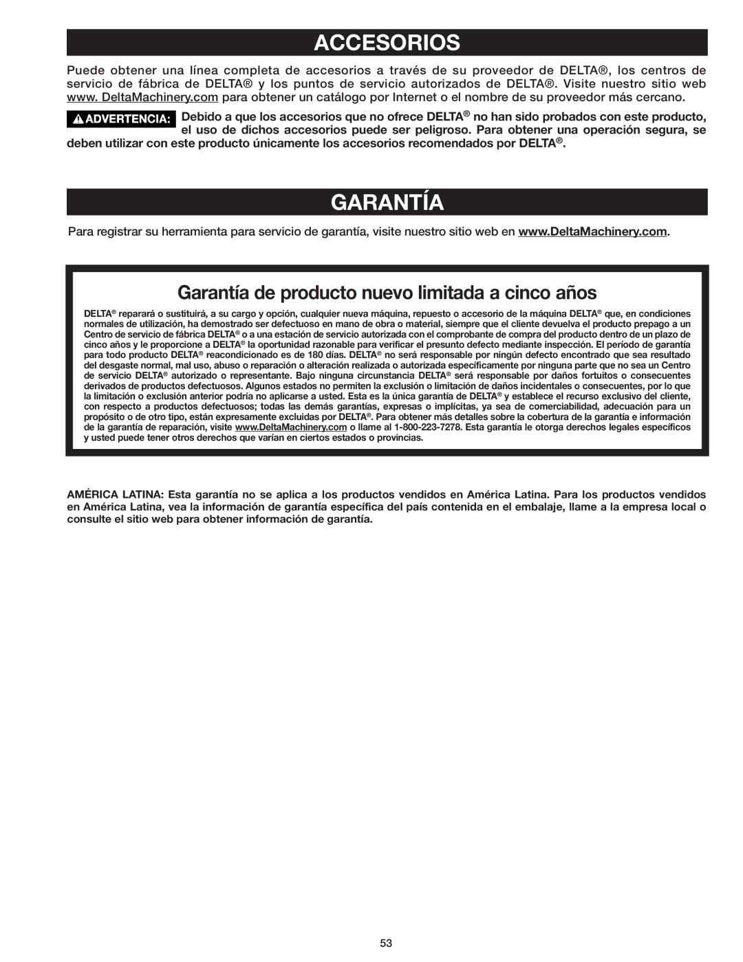 Delta 37-071 instruction manual Accesorios, Garantía de producto nuevo limitada a cinco años 