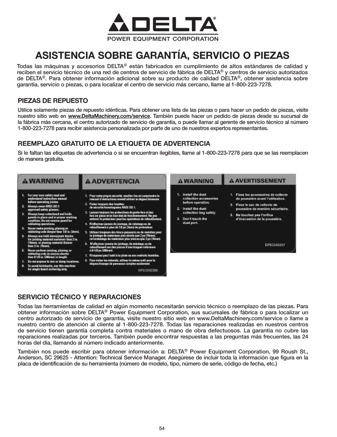 Delta 37-071 instruction manual Asistencia Sobre GARANTÍA, Servicio O Piezas, Servicio Técnico Y Reparaciones 