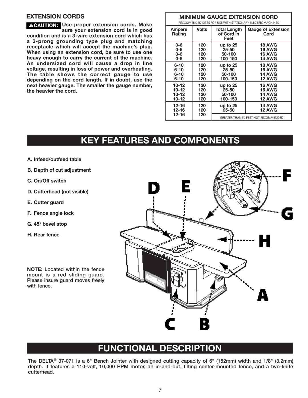 Delta 37-071 instruction manual KEY Features and Components, Functional Description, Extension Cords 