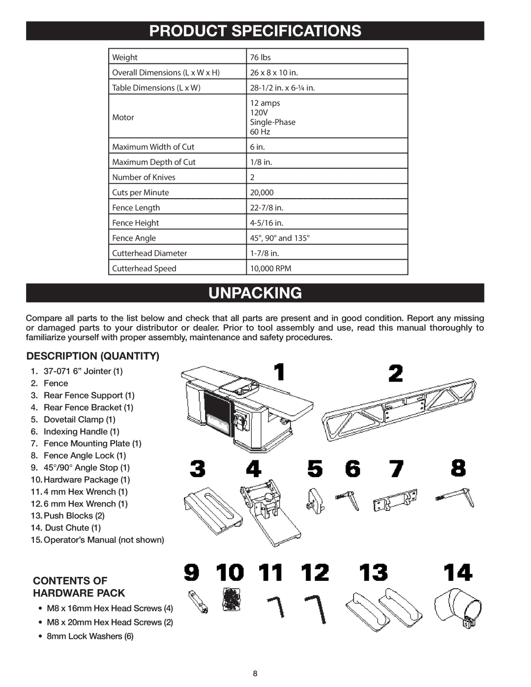 Delta 37-071 instruction manual Product Specifications, Unpacking, Description Quantity, Contents Hardware Pack 