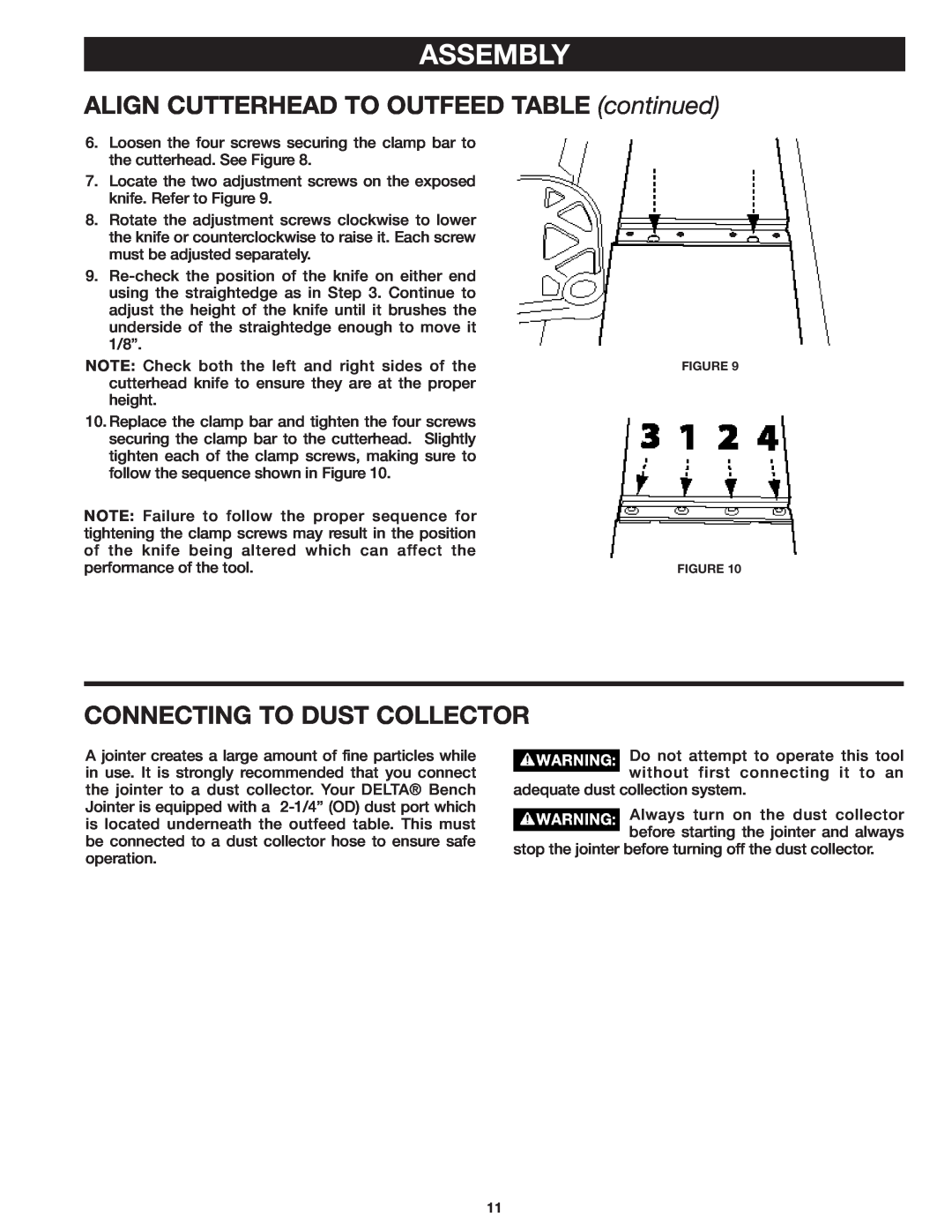 Delta 37-071 instruction manual ALIGN CUTTERHEAD TO OUTFEED TABLE continued, Connecting To Dust Collector, Assembly 