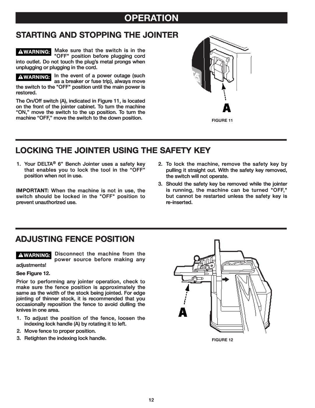 Delta 37-071 instruction manual Operation, Starting And Stopping The Jointer, Locking The Jointer Using The Safety Key 