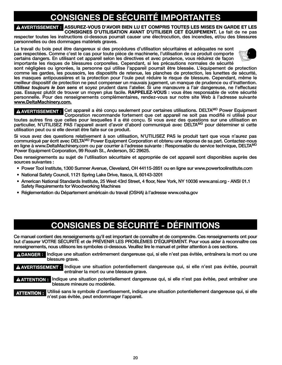 Delta 37-071 instruction manual Consignes De Sécurité Importantes, Consignes De Sécurité - Définitions 