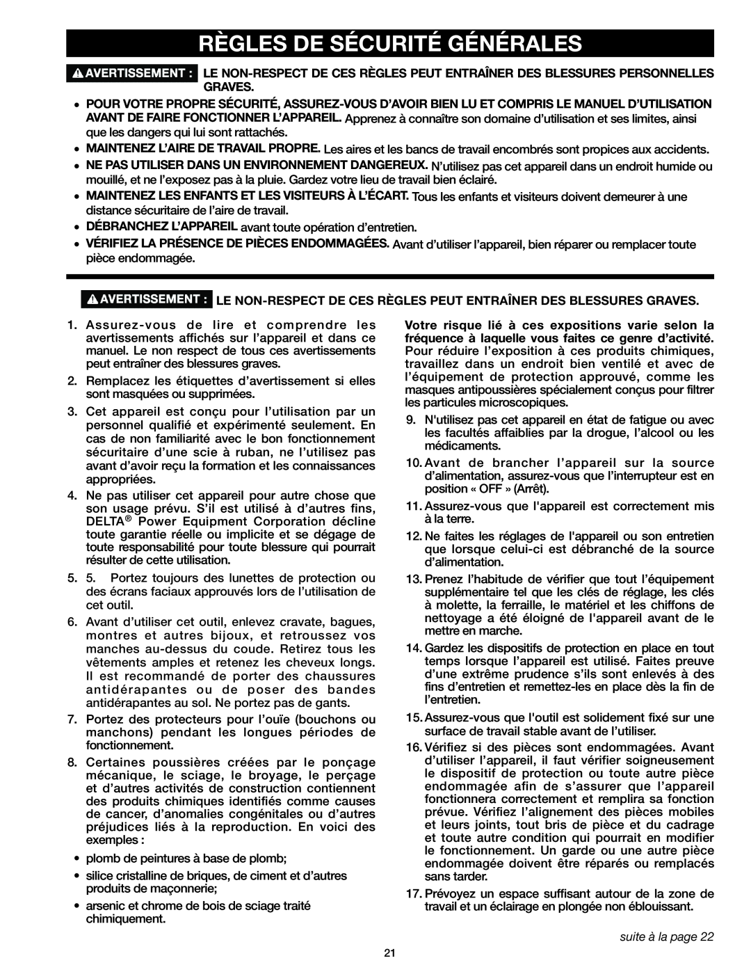 Delta 37-071 instruction manual Règles De Sécurité Générales, suite à la page 