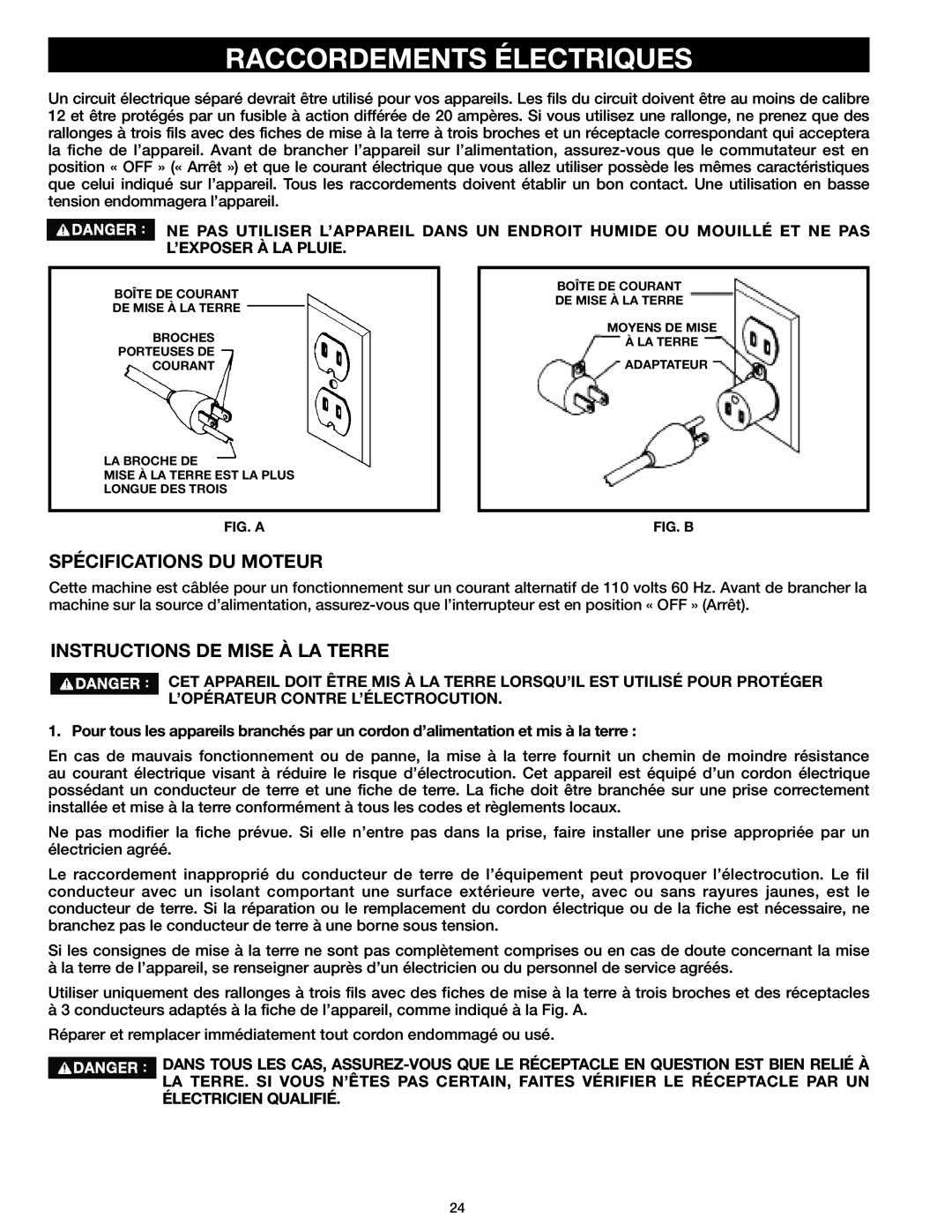 Delta 37-071 instruction manual Raccordements Électriques, Spécifications Du Moteur, Instructions De Mise À La Terre 
