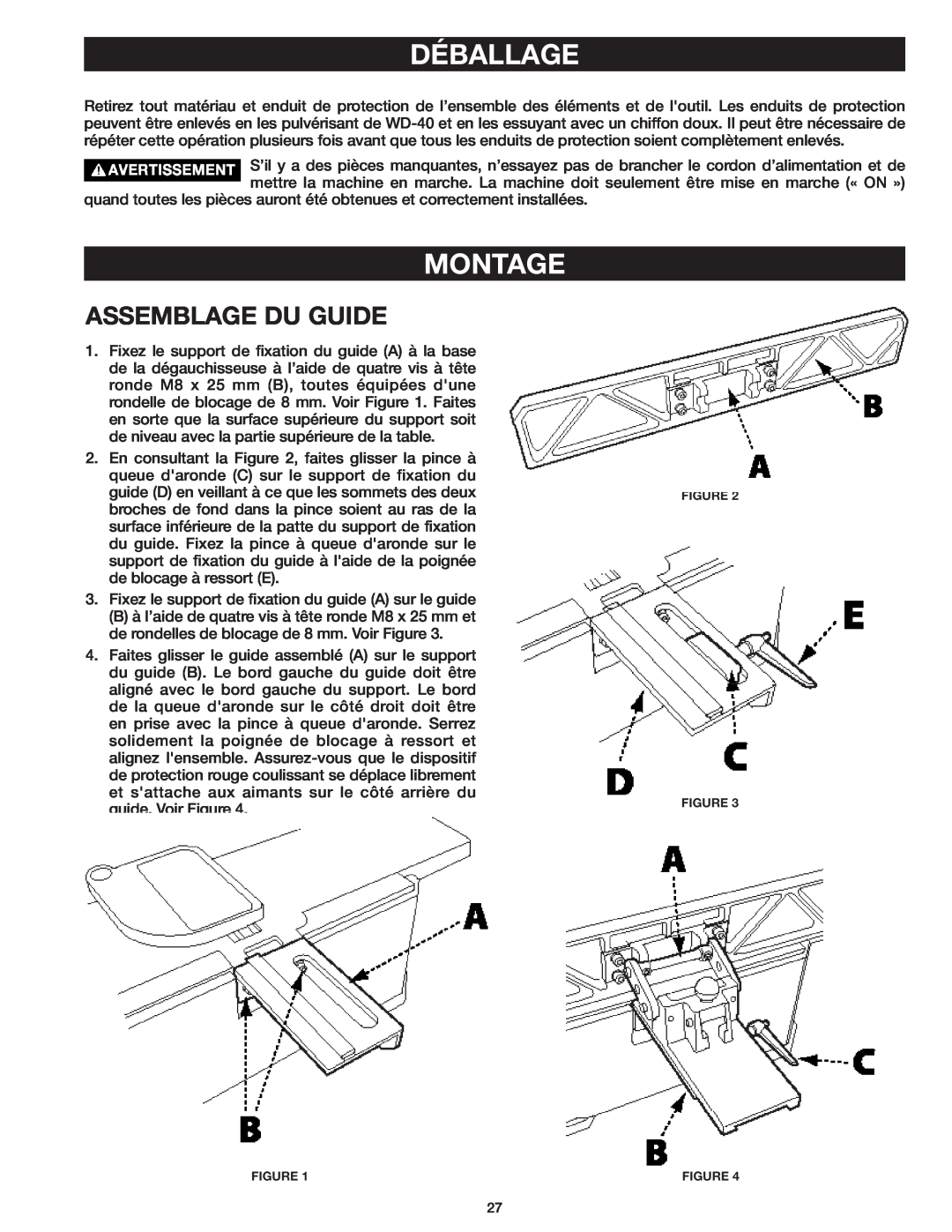 Delta 37-071 instruction manual Montage, Assemblage Du Guide, Déballage 