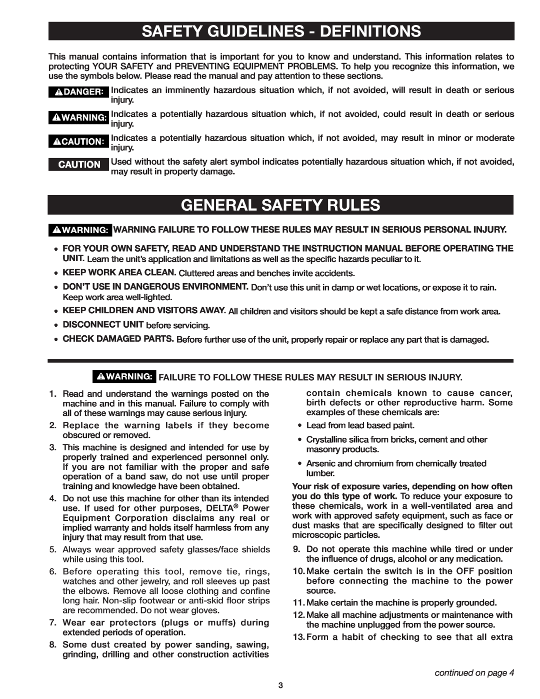 Delta 37-071 instruction manual Safety Guidelines - Definitions, General Safety Rules, continued on page 