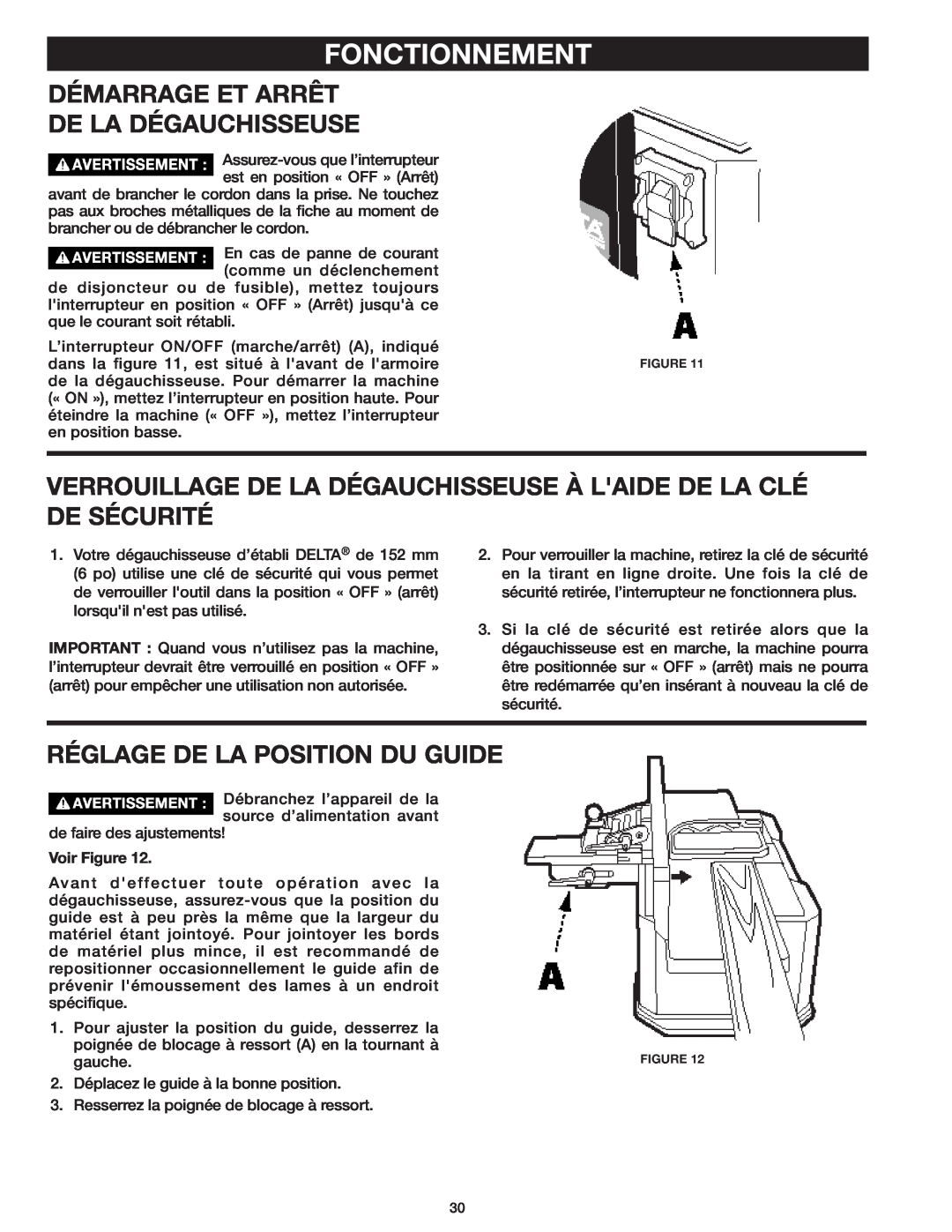 Delta 37-071 instruction manual Fonctionnement, Démarrage Et Arrêt De La Dégauchisseuse, Réglage De La Position Du Guide 