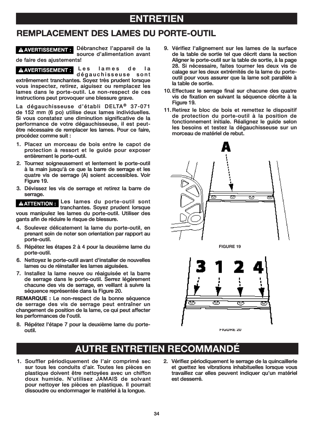 Delta 37-071 instruction manual Autre Entretien Recommandé, Remplacement Des Lames Du Porte-Outil 