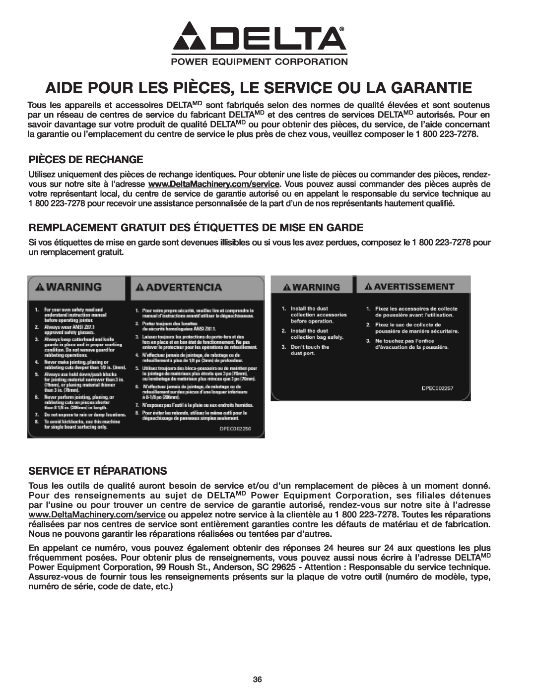 Delta 37-071 instruction manual Aide Pour Les Pièces, Le Service Ou La Garantie, Pièces De Rechange, Service Et Réparations 