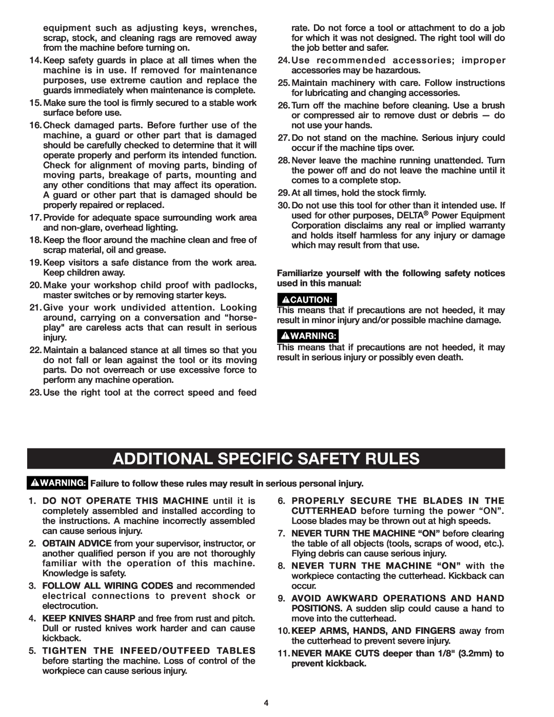 Delta 37-071 instruction manual Additional Specific Safety Rules 