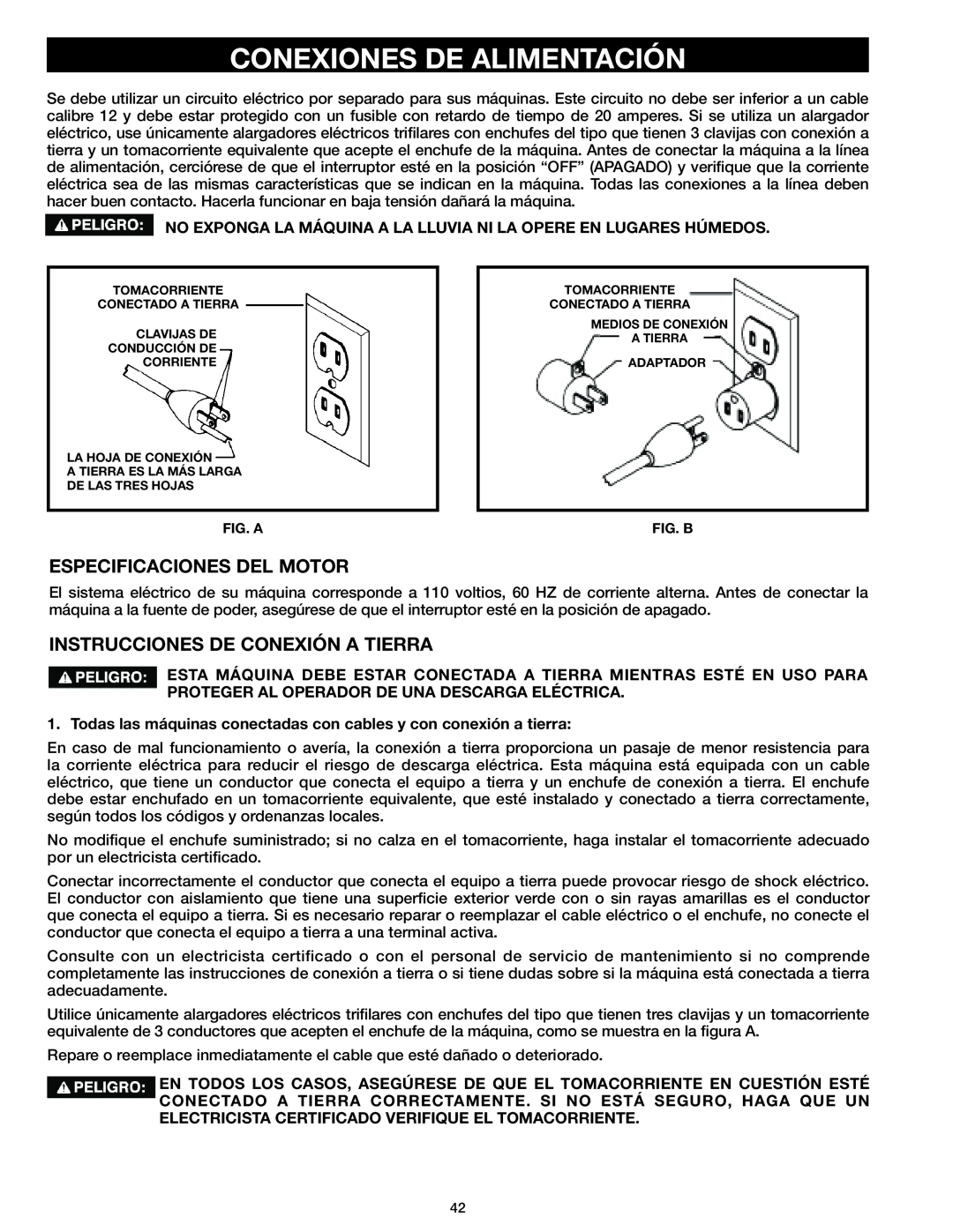Delta 37-071 instruction manual Conexiones De Alimentación, Especificaciones Del Motor, Instrucciones De Conexión A Tierra 