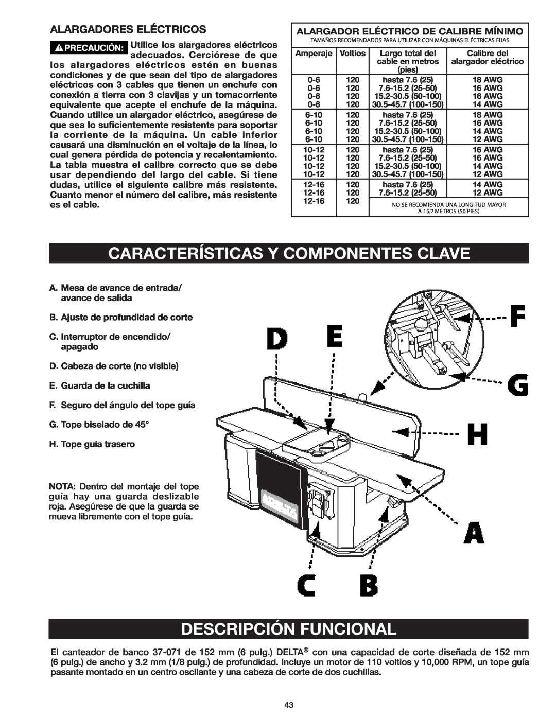 Delta 37-071 instruction manual Características Y Componentes Clave, Descripción Funcional, Alargadores Eléctricos 