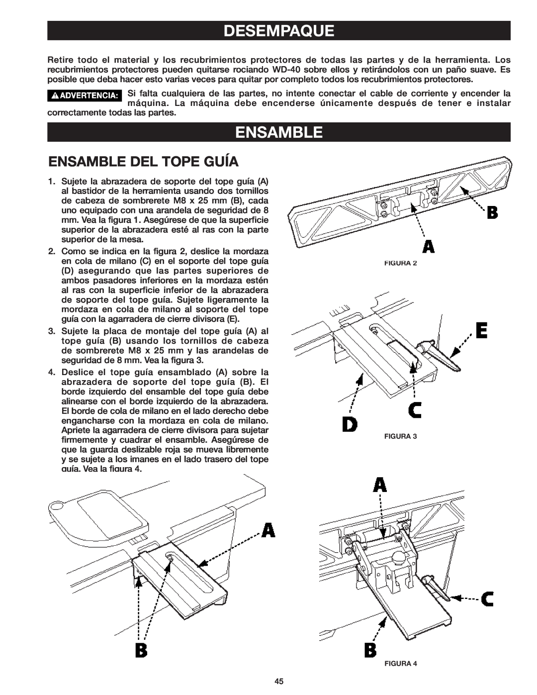 Delta 37-071 instruction manual Ensamble Del Tope Guía, Desempaque 