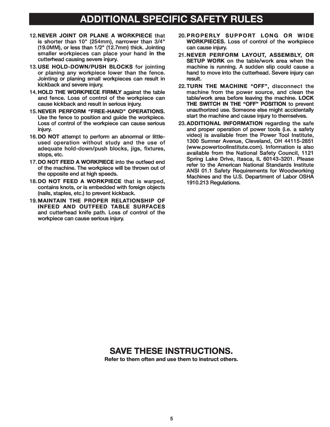 Delta 37-071 instruction manual Save These Instructions, Additional Specific Safety Rules 