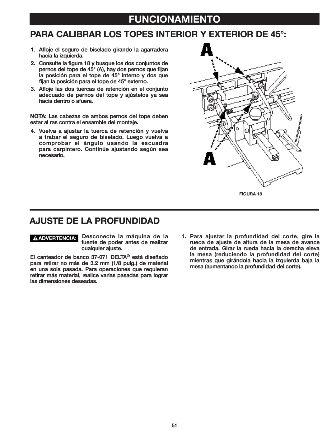 Delta 37-071 instruction manual Para Calibrar Los Topes Interior Y Exterior De, Ajuste De La Profundidad, Funcionamiento 