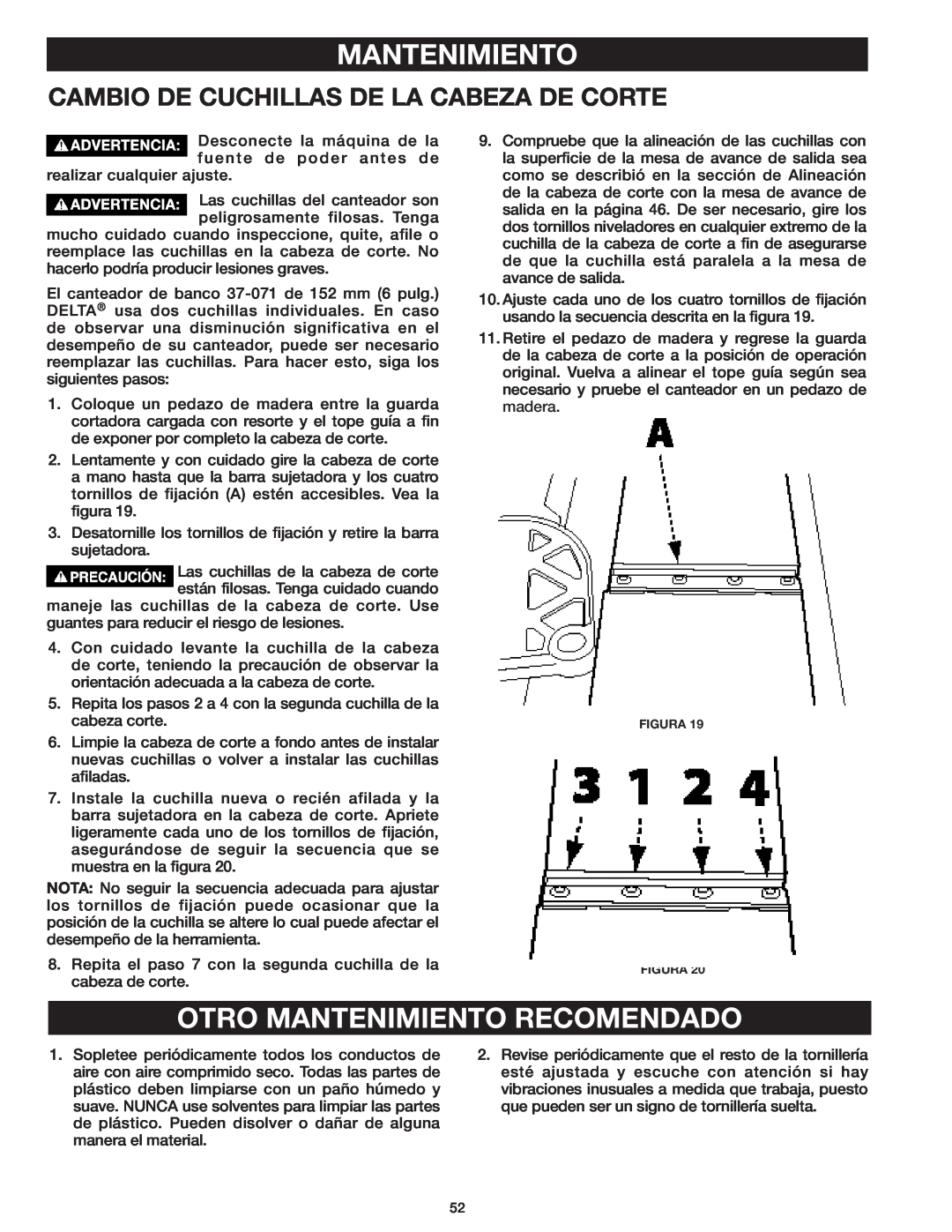 Delta 37-071 instruction manual Otro Mantenimiento Recomendado, Cambio De Cuchillas De La Cabeza De Corte 