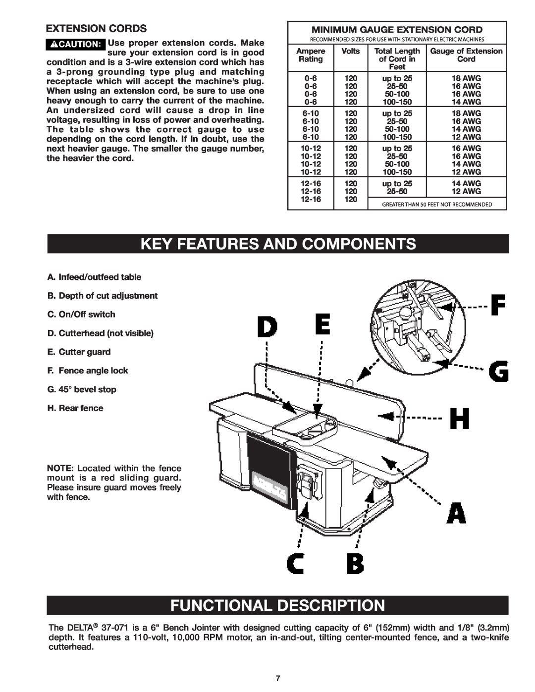 Delta 37-071 instruction manual Key Features And Components, Functional Description, Extension Cords 