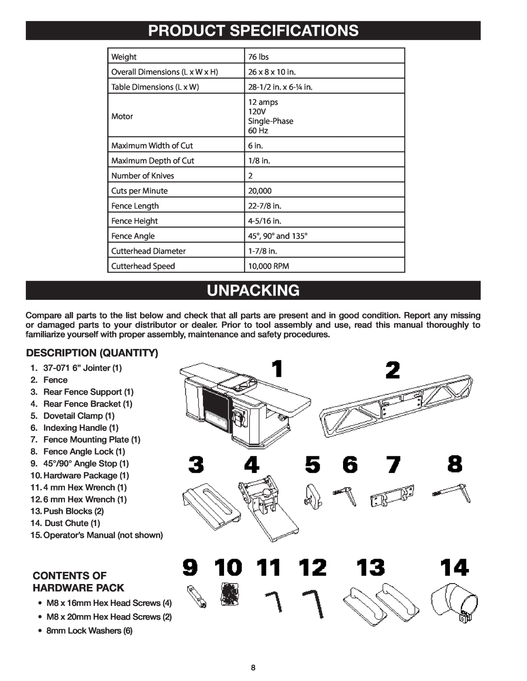 Delta 37-071 instruction manual Product Specifications, Unpacking, Description Quantity, Contents Of Hardware Pack 