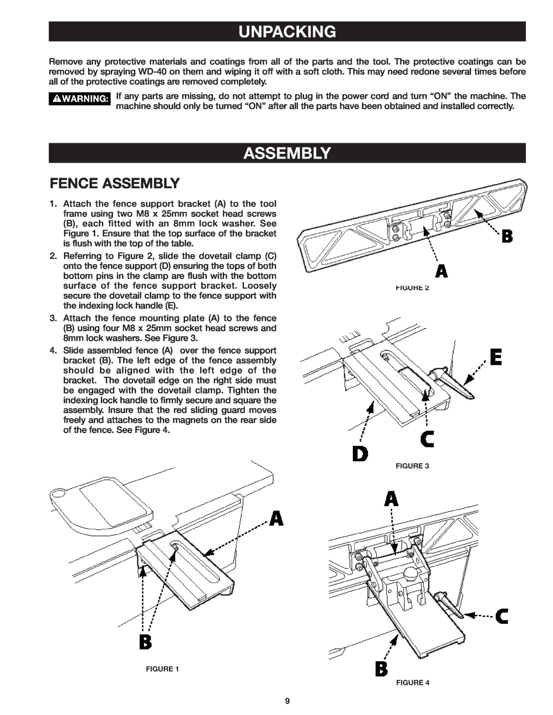 Delta 37-071 instruction manual Fence Assembly, Unpacking 