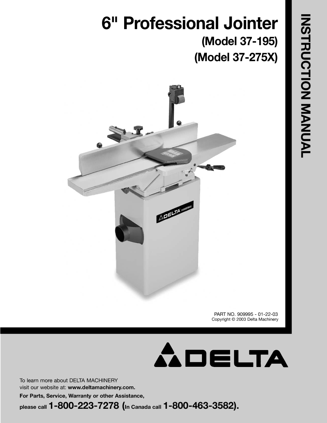 Delta 37-195, 37-275X instruction manual Professional Jointer 