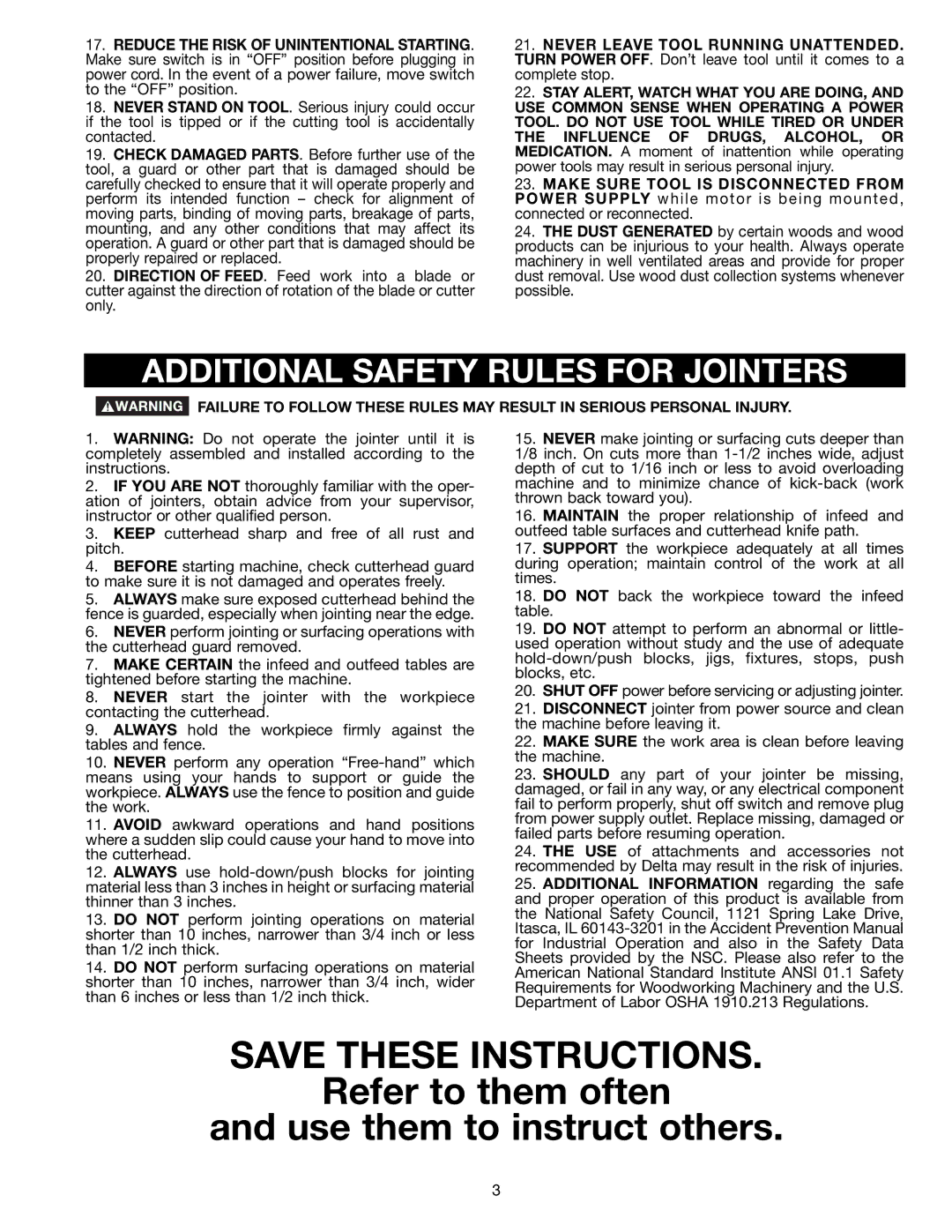 Delta 37-195, 37-275X Refer to them often Use them to instruct others, Additional Safety Rules for Jointers 