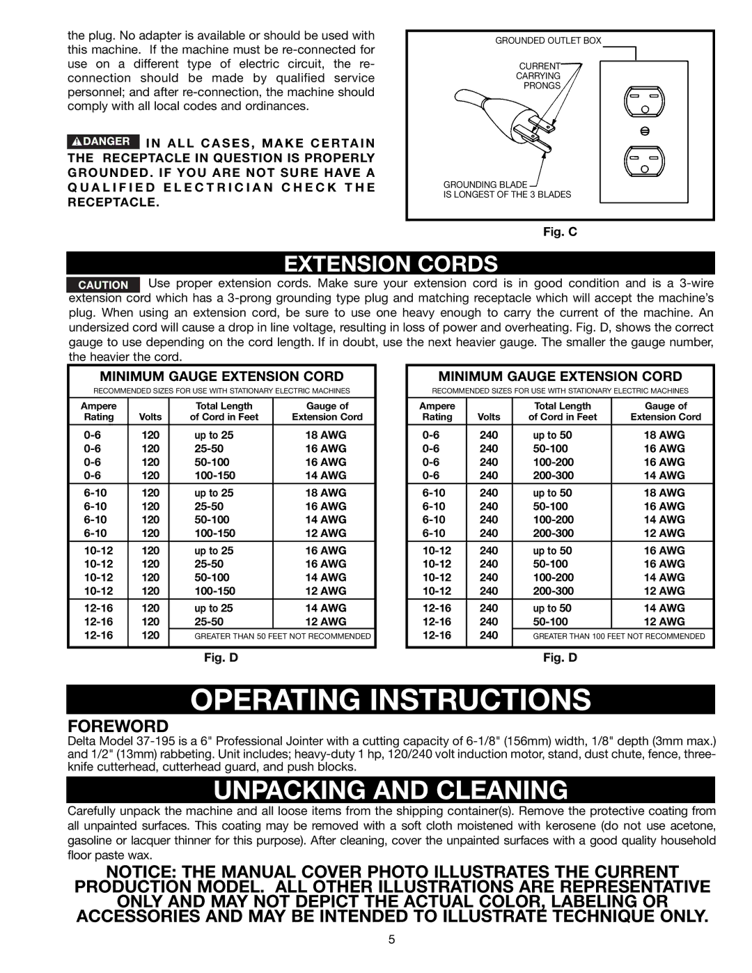 Delta 37-195, 37-275X instruction manual Unpacking and Cleaning, Extension Cords 